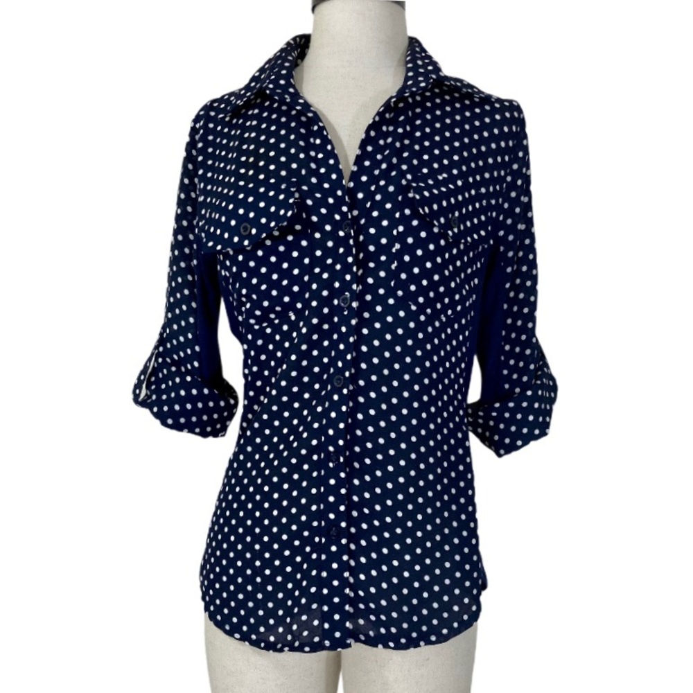 Hello Miss women’s button down shirt Blue polkadot